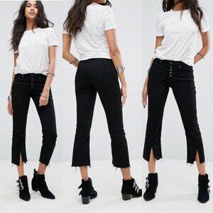 NWT Free People Cropped Button Front Black Jeans Size 24 Flare Denim Raw Hem NEW